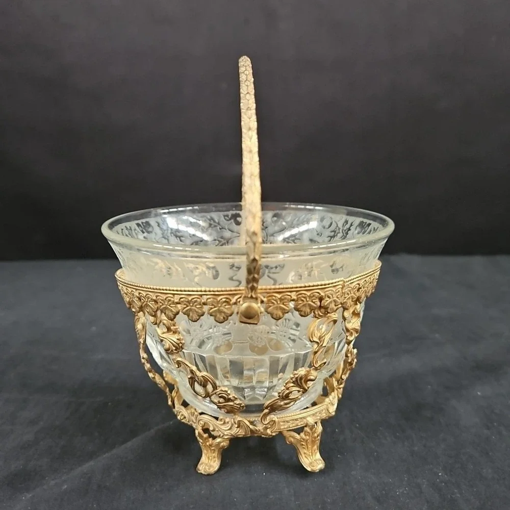 Vintage Gold‎ Plated Basket Holder and Decorative Glass Bowl 4 3/4